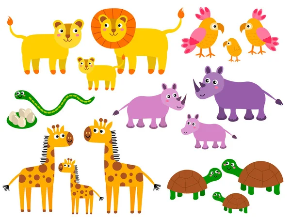 Roztomilý Lev Papoušek Had Nosorožec Žirafa Želví Rodiny Cartoon Africké — Stockový vektor