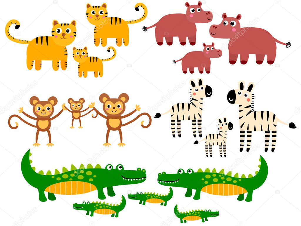 Cute tiger and hippo, monkey and zebra, crocodile families. Cartoon African wild animals in childlike flat style isolated on white background. Vector illustration.  