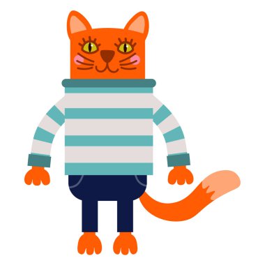 Beyaz arka planda izole edilmiş bez kaplı çizgi film kedisi. Vektör illüstrasyonu. 