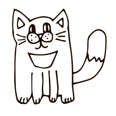 Çizgi filmdeki ince çizgi kedi beyaz arka planda izole edilmiş. Vektör illüstrasyonu. 