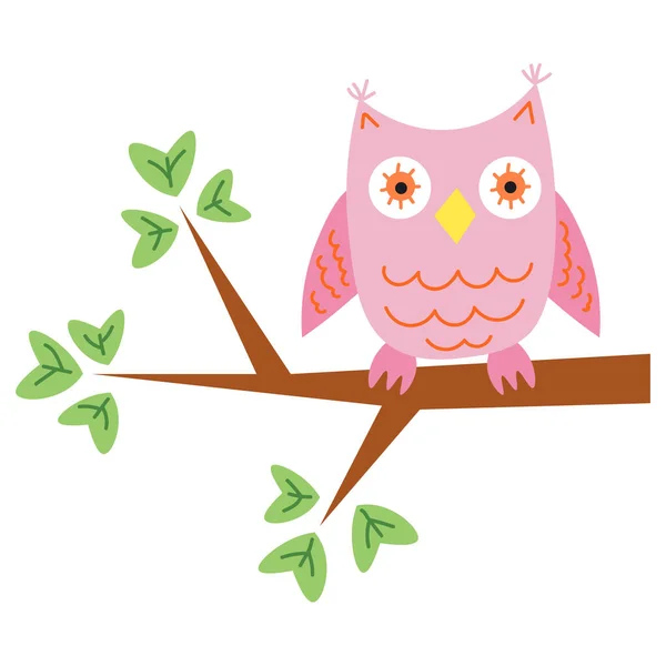 Cute Cartoon Owl Tree Branch Flat Style Isolated White Background — Stock Vector