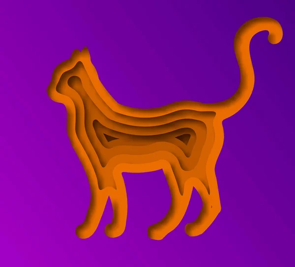 Pappersklipp Orange Katt Siluett Violett Bakgrund Vektorillustration — Stock vektor