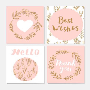 El yazması, defne çelenkleri, dallar, yapraklar, kalplerle dolu şirin kartpostallar. En iyi dileklerimle. Teşekkür ederim. Hoş geldiniz. Vektör illüstrasyonu.