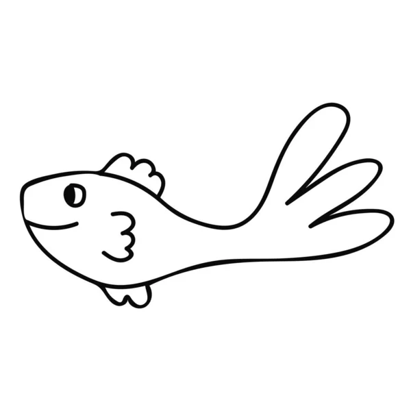 Happy Linha Fina Bonito Desenho Animado Doodle Peixe Animal Aquário —  Vetores de Stock