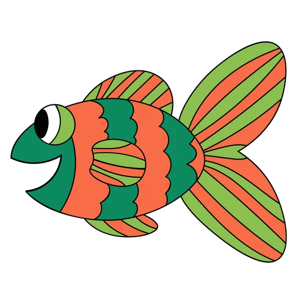 カラフルなオレンジと緑のかわいい漫画の魚 素晴らしい海洋動物 ブラック アウトライン 手を細い線熱帯水族館魚を描いた 白地に隔離されたアイコン — ストックベクタ