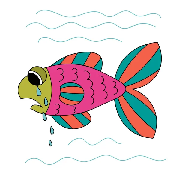 漫画の魚を泣いている 悲しい手は 白の背景に隔離された緑 ピンク オレンジの魚を描きました ベクターイラスト — ストックベクタ