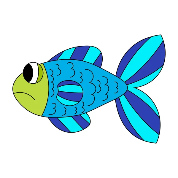白に隔離された青い漫画悲しい魚 ベクターイラスト — ストックベクタ