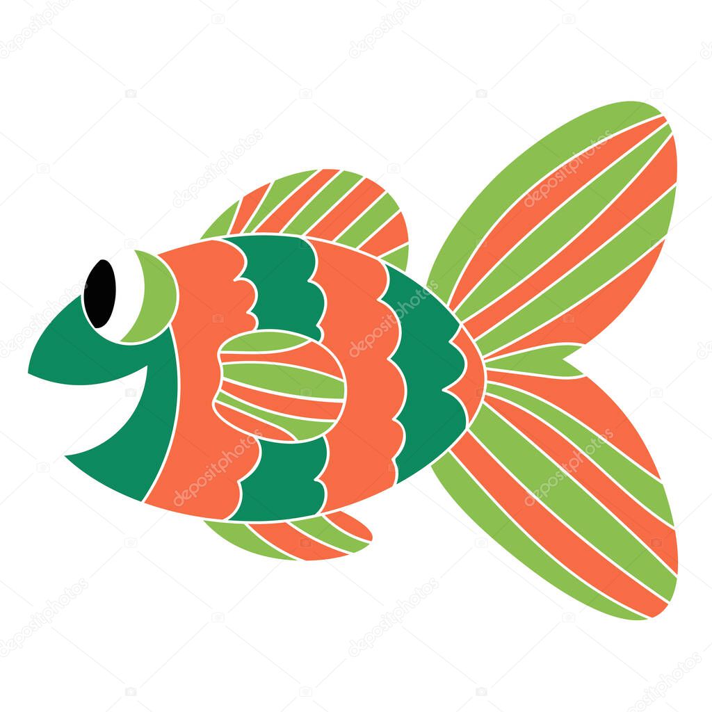 Crazy tropical fish. Colorful cute cartoon doodle sea animal. Hand drawn aquarium fish isolated on white background.