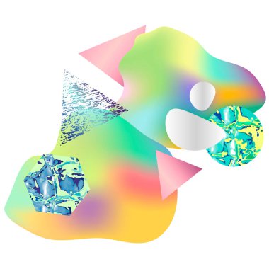 Holografik sıvı, geometrik bileşim içeren renkli soyut kart - daire, üçgen, altıgen, beyaz arkaplan üzerinde izole edilmiş düz olmayan şekiller. Vektör illüstrasyonu.