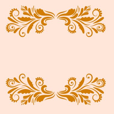 Gold ornamental greeting, congrats card with curly floral borders isolated on pink background. Vector illustration. clipart