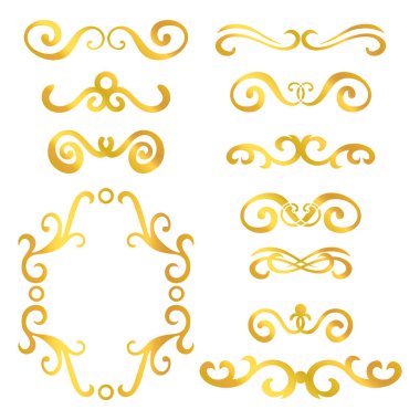 Set of gold abstract curly headers, design element set isolated on white background. Hand drawn golden swirls. Floral round frame, wreath, dividers, calligraphic shapes. Vector illustration.  clipart