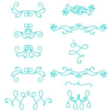 Set of blue abstract curly headers, design element set isolated on white background. Hand drawn turquoise swirls. Floral round frame, wreath, dividers, calligraphic shapes. Vector illustration.  clipart