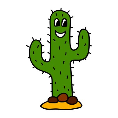 Beyaz arka planda izole edilmiş sevimli karikatür kaktüs karakteri. Vektör illüstrasyonu.   