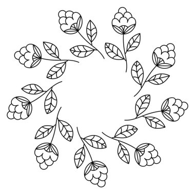 Çiçek çelengi. Beyaz arka planda çiçek desenli yuvarlak çerçeve. Vektör illüstrasyonu.