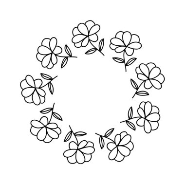 Çiçek çelengi. Beyaz arka planda çiçek desenli yuvarlak çerçeve. Vektör illüstrasyonu.