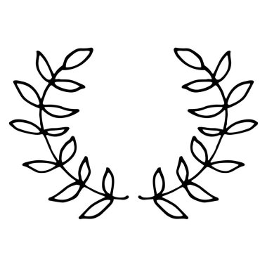Siyah ince çizgili çelenk beyaz arka planda izole dallar ve yapraklar çiziyor. Çiçekli yuvarlak çerçeve. Laurel mi? Vektör illüstrasyonu.