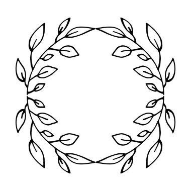 Siyah ince çizgili çelenk beyaz arka planda izole dallar ve yapraklar çiziyor. Çiçekli yuvarlak çerçeve. Laurel mi? Vektör illüstrasyonu.