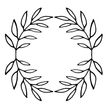 Siyah ince çizgili çelenk beyaz arka planda izole dallar ve yapraklar çiziyor. Çiçekli yuvarlak çerçeve. Laurel mi? Vektör illüstrasyonu.