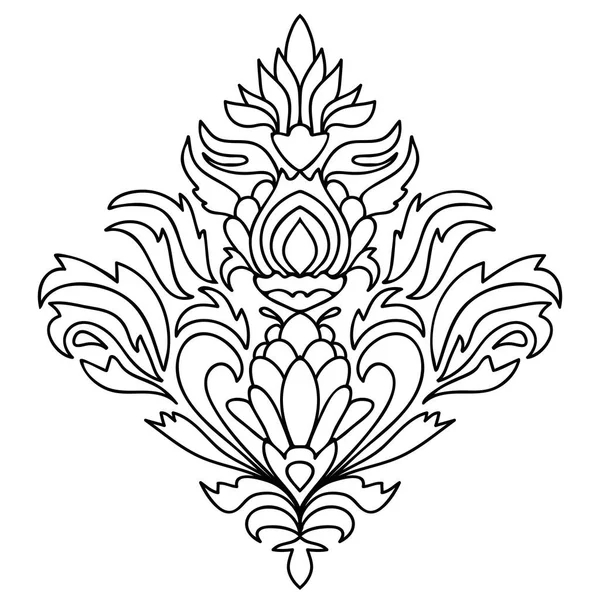 Ligne Fine Noire Élément Damassé Floral Isolé Sur Fond Blanc — Image vectorielle