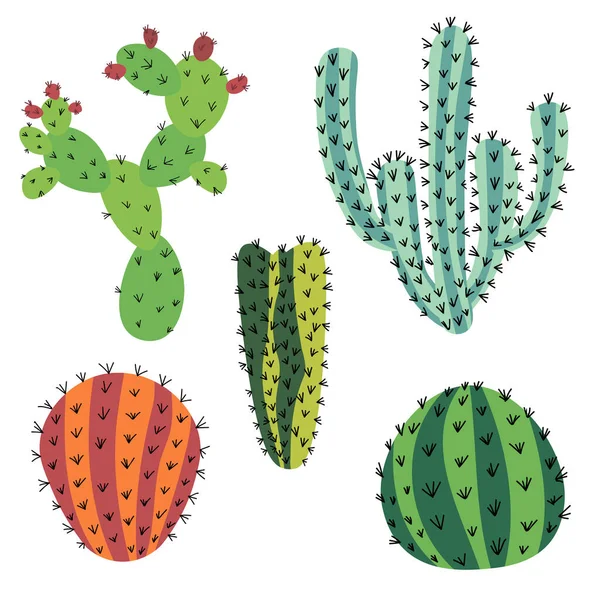 Set Doodle Cactus Isolated White Background — Stock Vector