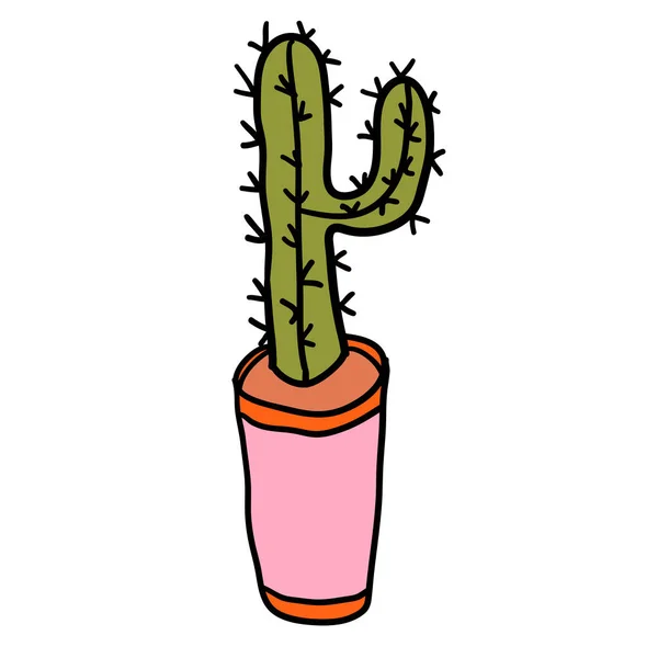 Tecknad Klotter Kaktus Potten Isolerad Vit Bakgrund Vektorillustration — Stock vektor