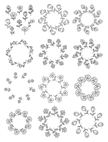 Ensemble Éléments Floraux Une Couronne Fleurs Cadre Rond Floral Isolé — Image vectorielle