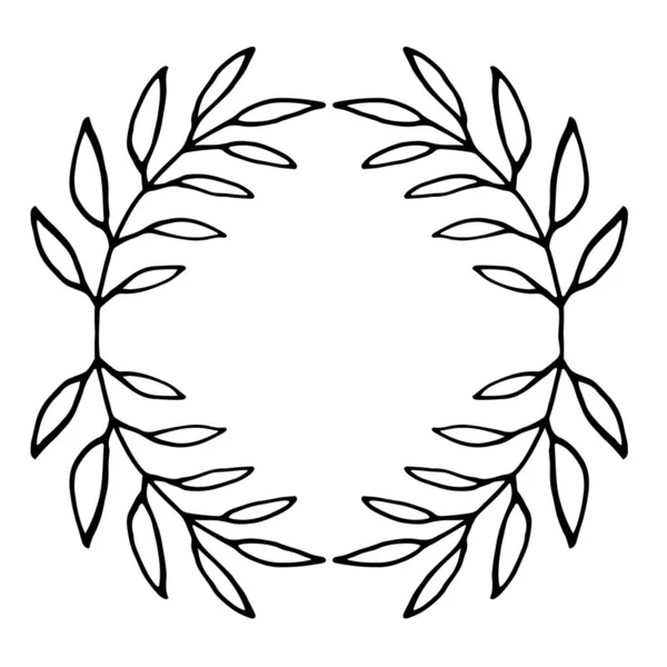 Siyah ince çizgili çelenk beyaz arka planda izole dallar ve yapraklar çiziyor. Çiçekli yuvarlak çerçeve. Laurel mi? Vektör illüstrasyonu.