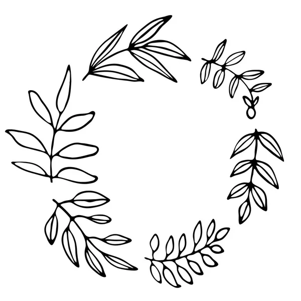 Handgezeichneter Dünner Kranz Mit Blättern Und Zweigen Vektorillustration — Stockvektor