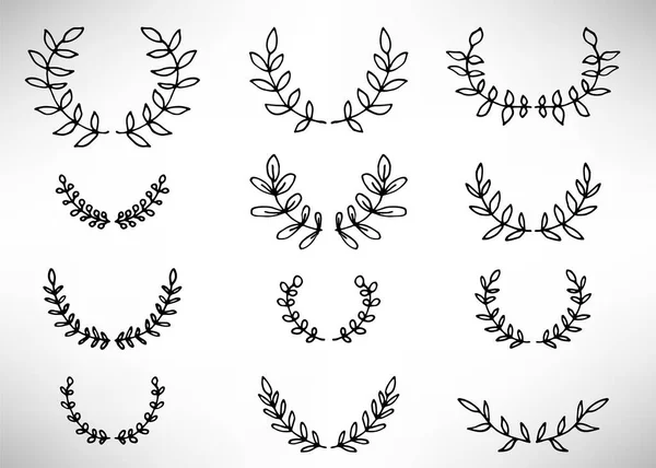 Siyah ince çizgili çelenk beyaz arka planda izole dallar ve yapraklar çiziyor. Çiçekli yuvarlak çerçeve. Laurel mi? Vektör illüstrasyonu.