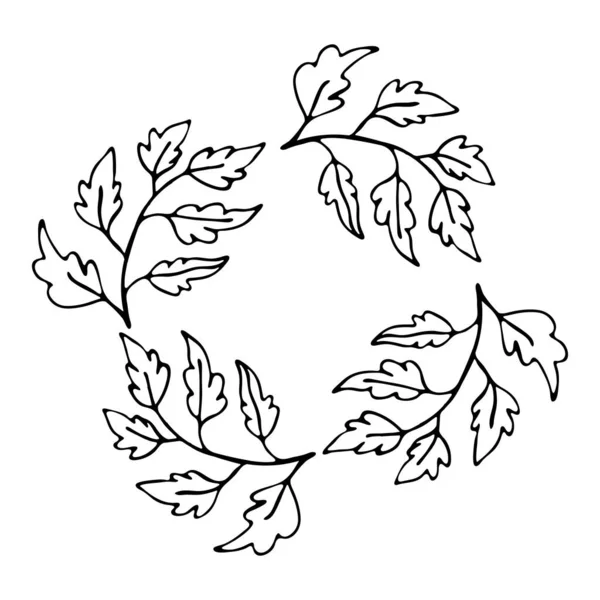 葉や枝で細い線の花輪を描いた手 ベクターイラスト — ストックベクタ