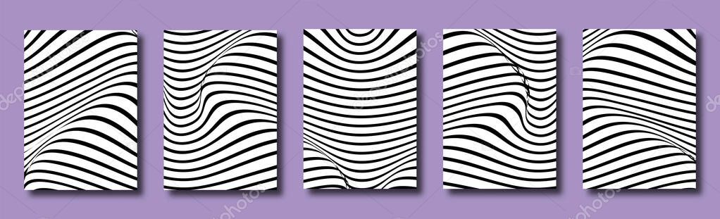 Abstract distortion line backgrounds. Striped wave backdrops. Wavy Op art covers. Halftone flyers, cards, posters. Vector illustration.  