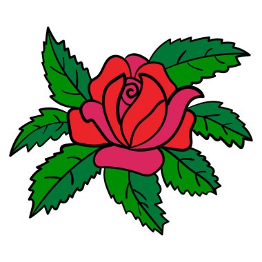 Beyaz arka planda yaprakları olan sevimli çizgi film gülleri. Çiçek maddesi. Vektör illüstrasyonu.  