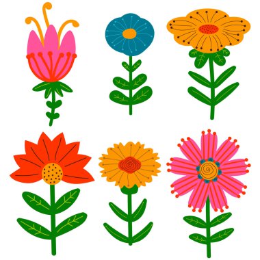 Güzel yaz çiçekleri seti. Beyaz arka planda izole edilmiş karikatür elementleri koleksiyonu. Vektör illüstrasyonu.