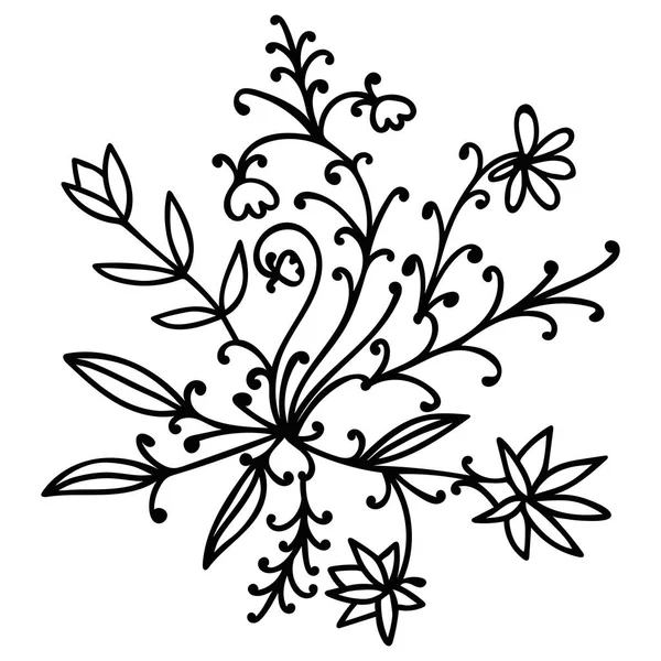 Czarny Cienka Linia Doodle Kwiatowy Okrągły Element Kwiatami Gałęziami Liśćmi — Wektor stockowy