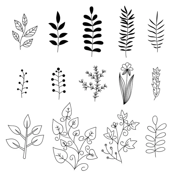 Bloemenelementen Ingesteld Boom Takken Met Hand Getekende Doodle Bloemen Vectorillustratie — Stockvector