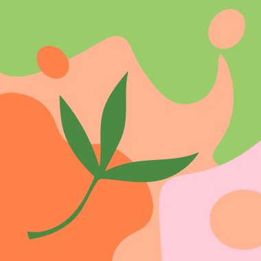 Yaprakları ve geometrik yuvarlak şekilleri olan şirin bir karikatür. Düz stil arkaplan posteri üzerinde şube. Çiçekli yaratıcı kompozisyon. Vektör illüstrasyonu.  