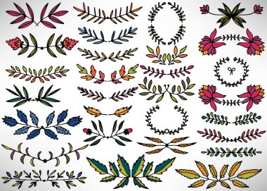 Renkli büyük çiçek desenli el çizimleri, defne çelenkleri, yapraklar, çiçekler, beyaza ayrılmış dallar. Tasarım için yeni elementlerin toplanması. Vektör illüstrasyonu.