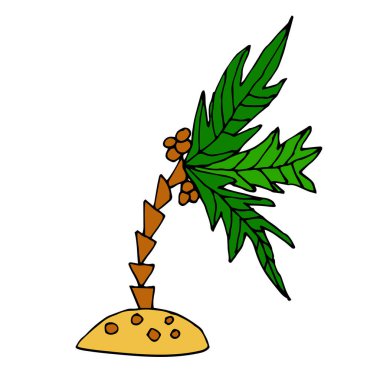 Çizgi filmdeki hindistan cevizi palmiyesi beyaz arka planda izole edilmiş küçük bir adada. Çocuksu bir tropik bitki. Vektör illüstrasyonu. 