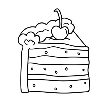 Beyaz arka planda kirazlı bir dilim çikolatalı pasta. Vektör illüstrasyonu.   