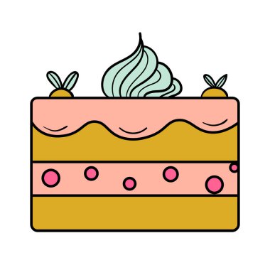 Beyaz arka planda izole edilmiş krema ve bitki özü olan ince çizgi bir pasta ikonu. Vektör illüstrasyonu.  