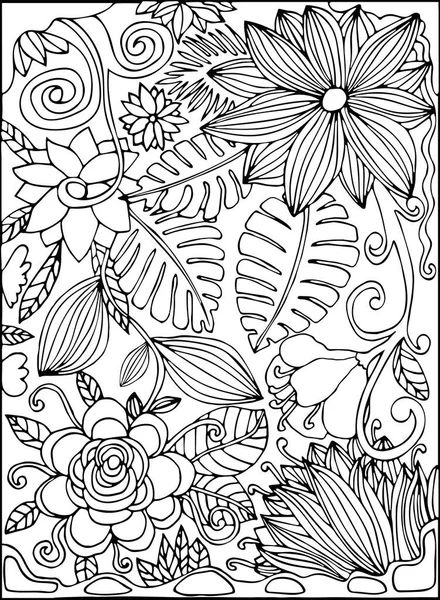 Postal Dibujada Mano Línea Fina Blanco Negro Con Flores Tropicales — Vector de stock