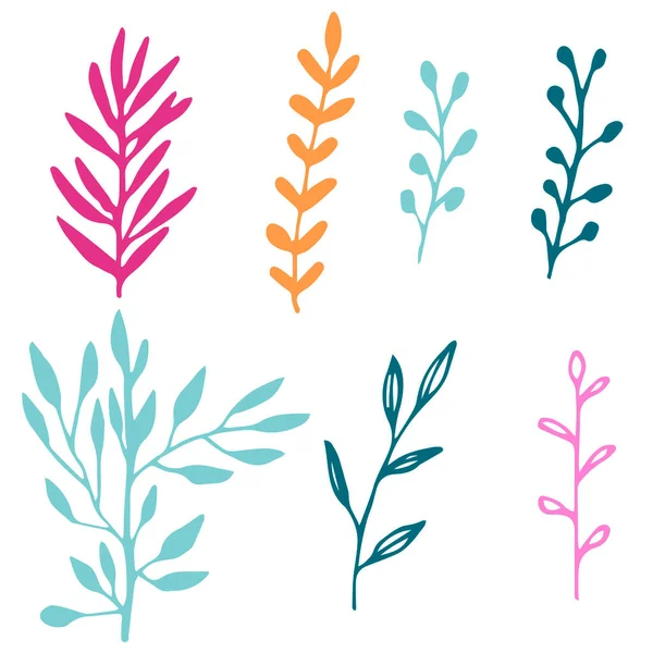 Set Van Blauwe Roze Gele Handgetekende Doodle Bloemenelementen Met Takken — Stockvector