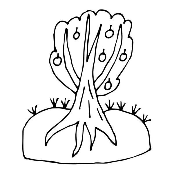 白い背景に隔離された漫画のドードルリンゴの木 子供のようなスタイルの果樹園 ベクターイラスト — ストックベクタ