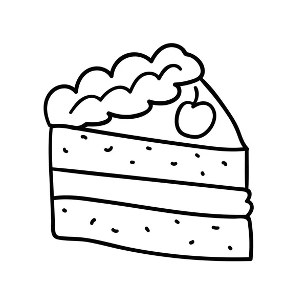 Doodle Fetta Torta Con Ciliegia Isolata Sfondo Bianco Illustrazione Vettoriale — Vettoriale Stock