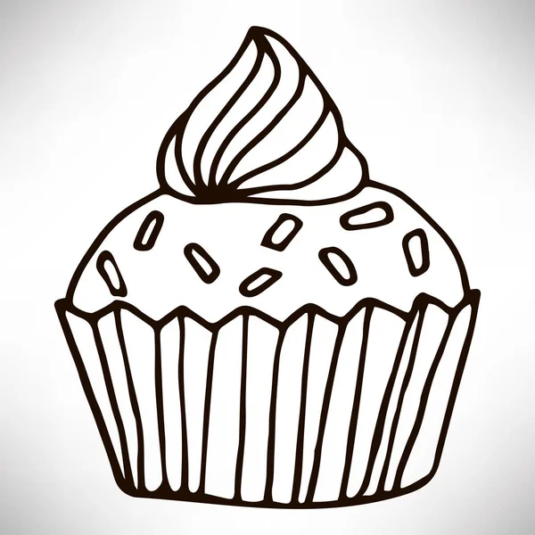 Jolie Icône Cupcake Dessinée Main Gâteau Contour Fin Noir Isolé — Image vectorielle