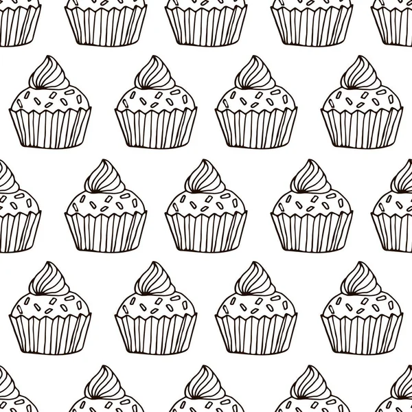 Mignon Motif Sans Couture Cupcake Dessiné Main Gâteau Contour Fin — Image vectorielle