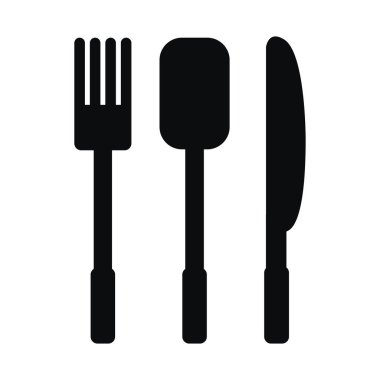 Beyaz arkaplanda izole edilmiş ikon çatal, kaşık ve bıçak seti.