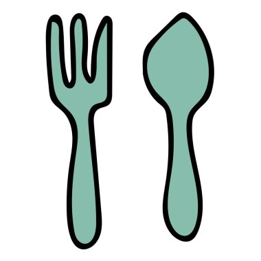 Çizgi film çizimleri doğrusal çatal ve kaşık beyaz arka planda izole edilmiş. Vektör illüstrasyonu.   