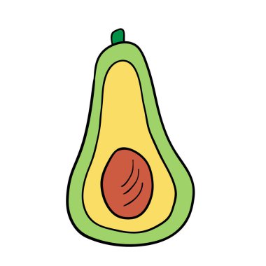 Çizgi filmlerdeki gibi, avokadonun yarısı beyaz arka planda izole edilmiş. Vektör illüstrasyonu.