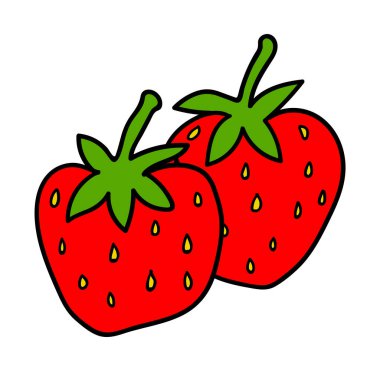 Beyaz arka planda izole edilmiş şirin karikatür kırmızı çilek. Vektör illüstrasyonu.   